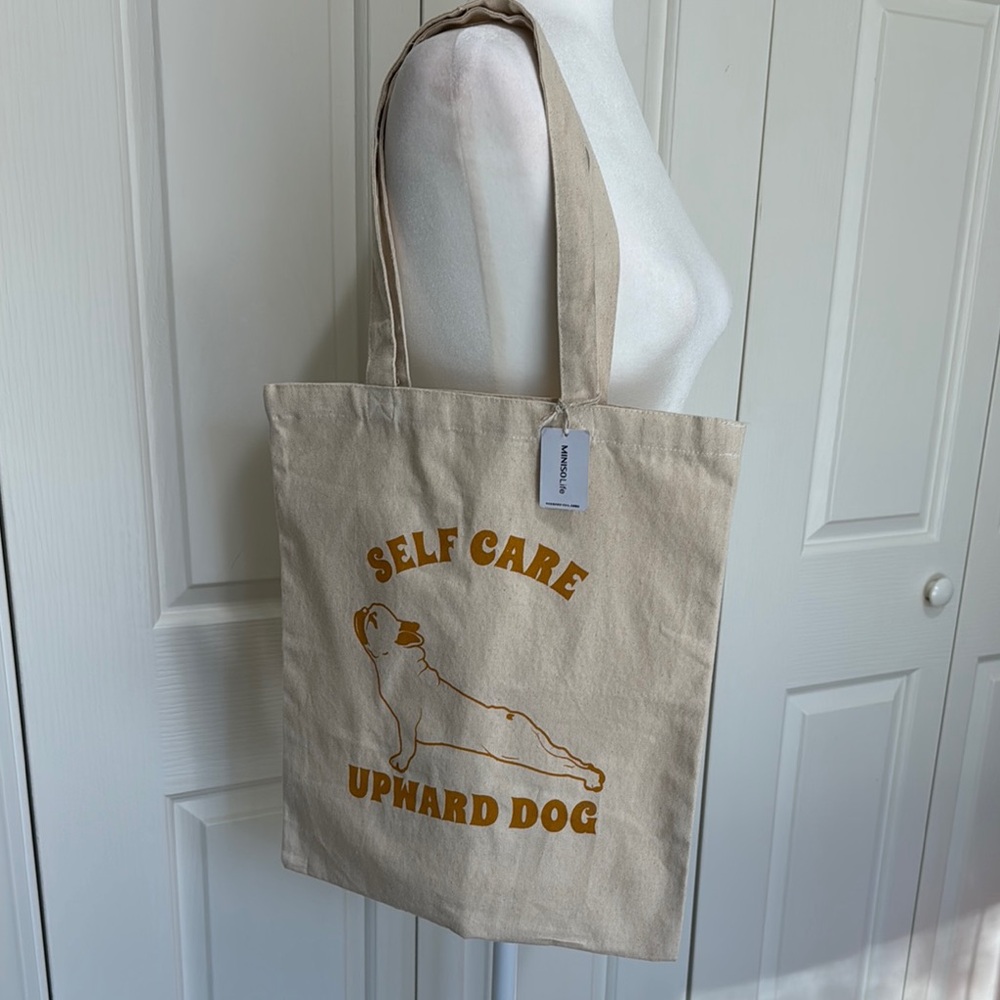 Miniso Frenchie Dog Yoga Self Care Canvas Tote Bag NWT